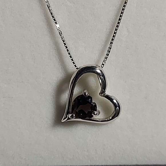 SMOKY QUARTZ HEART PENDANT NECKLACE 925SS - Picture 3 of 11
